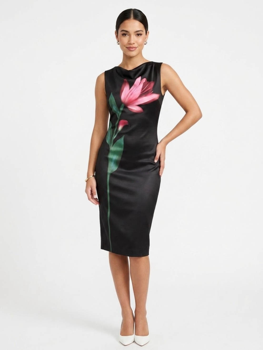Halston Heritage Black Sheath Dress with Pink Floral Stem